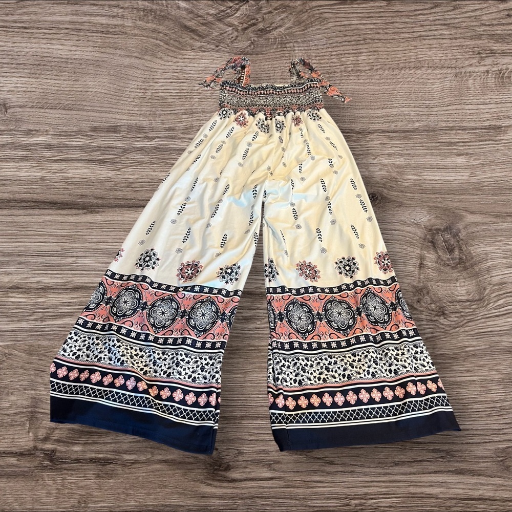 White Burch Smocked Maxi Jumpsuit Straps Sleeveless Bohemian Print Size Large